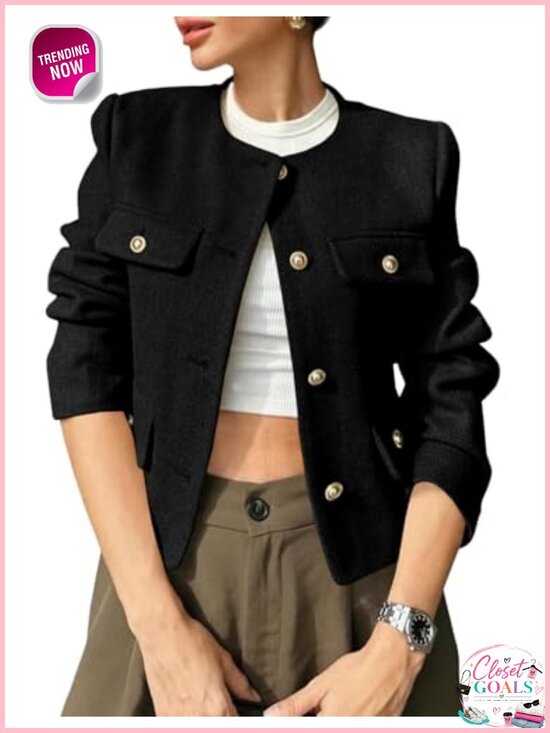 Jackets & Blazers - Women's Cropped Tweed Blazer Collarless Button Down Jacket